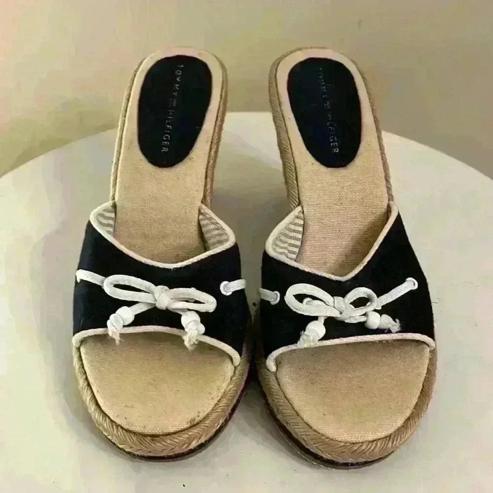 Tommy Hilfiger Medallion Espadrille Wedge Sandal Navy and White Bow Detail